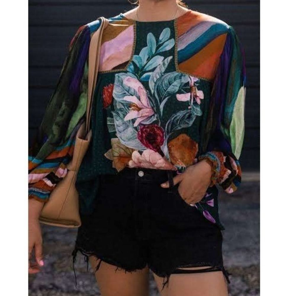 Anthropologie Bl^nk London Miranda Peasant Top Sz Large Boho Smocked Cuff Blouse